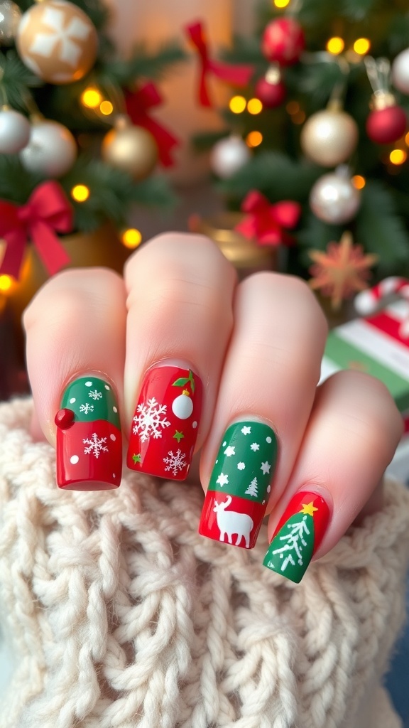 Square nails painted in red and green with Christmas designs like snowflakes and trees.